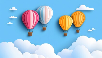 Colorful hot air balloons soar through a sky of clouds