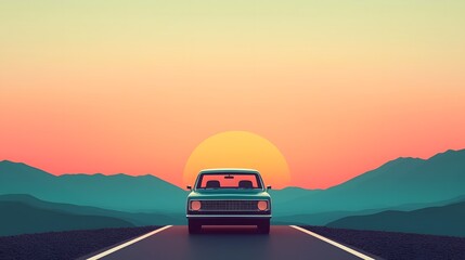 Car driving on a road at sunset surrounded by mountains