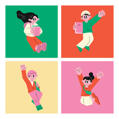 Cheerful students in colorful illustrations