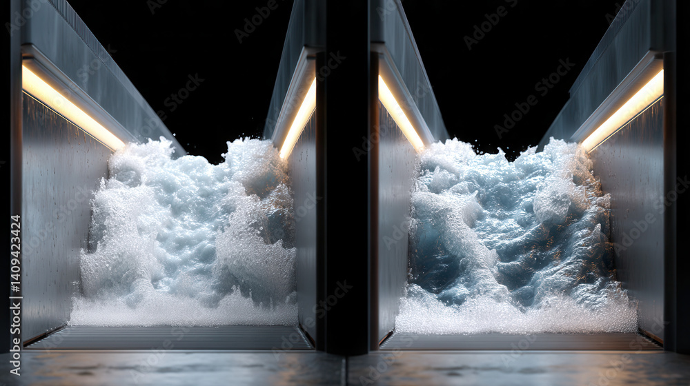 Poster rushing water flows through open control gates with force, creating frothy turbulence and dynamic en