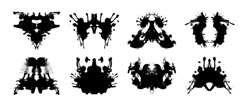 Rorschach inkblot test cards set - black symmetric abstract random shapes silhouettes, psychological assessment tool. Surreal stains for psycho diagnostic projective personality evaluation method