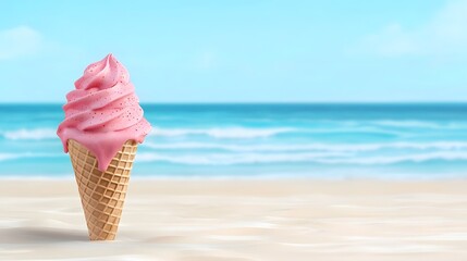 Soft serve ice cream cone on a beach landscape