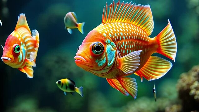 Bright Orange Goldfish with Detailed Scales and Big Eyes Swimming in Clean Freshwater Aquarium with Natural Light and Dark Green Background