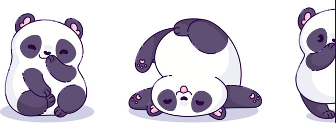 Kawaii little panda bear character in different poses - sitting and smiling with shy emotion, playful tumbling and peeking from behind wall. Cute cartoon Chinese white and black animal for kid design. © klyaksun