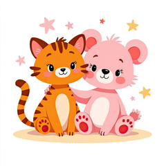 Obraz premium Adorable Cat and Bear Best Friends Cartoon Illustration