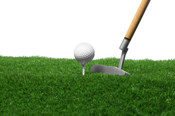 Golf ball, tee, club and green grass against white background