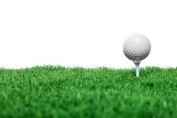 Golf ball, tee and green grass against white background