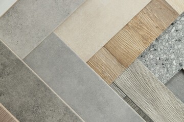Fototapeta premium Many different samples of tiles as background, top view