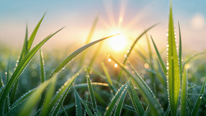 Sunlight bathes blades of grass, bejeweled with morning dew in a serene landscape.