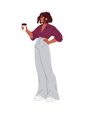 Black businesswoman stands and holds paper cup of hot coffee. Business woman with takeaway drink in hand. Busy girl carries a mug of beverage. Flat isolated vector illustration on white background