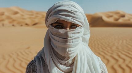 A women wearing a white head covering standing in the desert