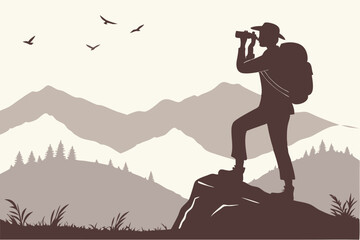 Obraz premium Nature Photographer Hiking Vector – Person Taking Photos in Mountains with Backpack and Camera