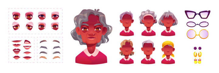 Face constructor of elderly African woman portrait set - eyes and mouth, eyebrows and glasses shapes, hair styles. Avatar generator customization kit. Grandmother character creation toolkit components
