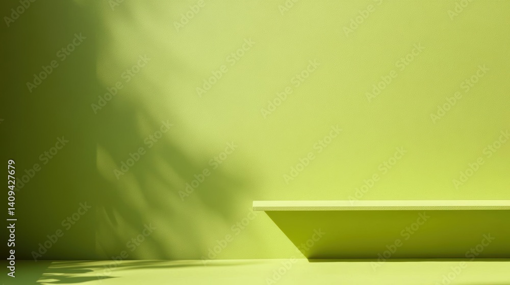 Poster empty shelf displaying products with palm leaf shadows minimalist green background theme.