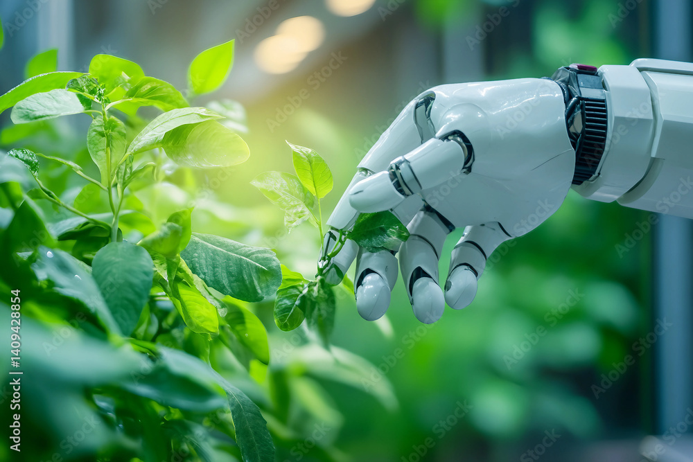 Poster artificial intelligence farmer robot tending plants in a green field generative ai