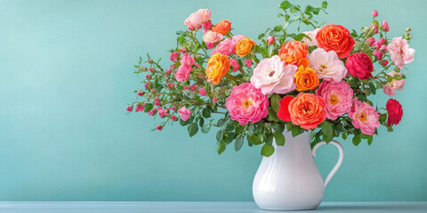 Naklejka premium Vintage vase, Ceramic milk jug-style vase adorned with country roses, high-resolution artistic image.