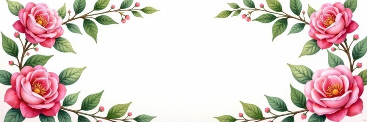 Fototapeta premium Delicate watercolor roses & leaves form ornate frame , blossom, art