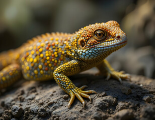 Obraz premium Lizard Resting on Soil Macro Close-up in Warm Light