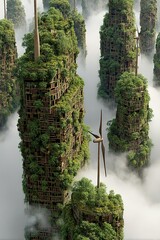 Forest with tall trees surrounded by fog or mist creating a surreal scene.