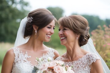 A radiant bride shares a tender moment with her mother, their smiles reflecting love and joy on this unforgettable day.