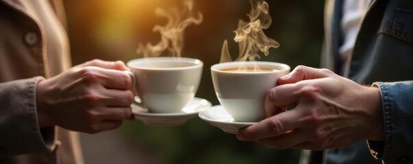 Intertwined fingers holding steaming teacups; soft focus, together, hot, gentle
