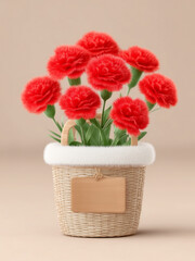 fluffy red carnations in a basket with a label 