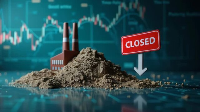 Closed factory symbolizing economic decline, with a sign indicating closure and graphs in the background.
