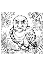 Fierce Eagle in Jungle &ndash; Black and White Line Art for Coloring Pages and Educational Nature Books