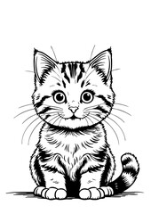 Obraz premium Cute Tabby Kitten Line Drawing – Black and White Cat Illustration for Coloring Pages and Children’s Books