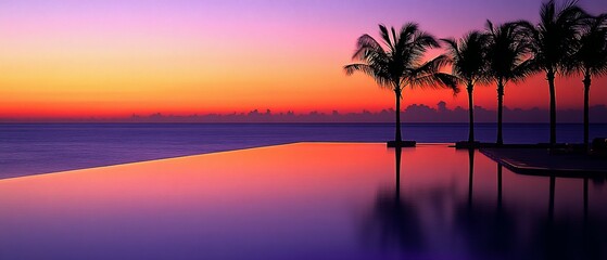 Infinity pool mirroring vivid sunset on tropical beach, palms silhouetted