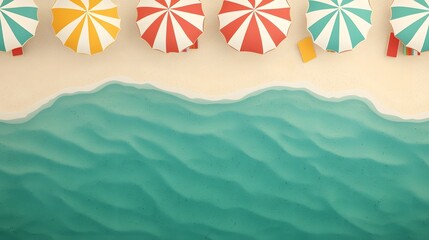 Colorful beach umbrellas over serene ocean waves