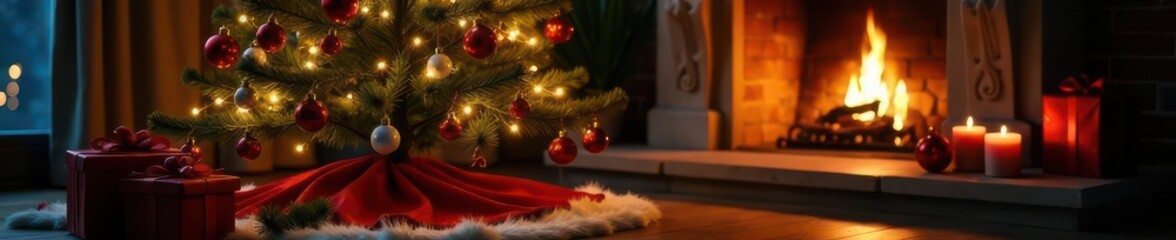 Obraz premium Stylish Christmas tree, golden lights, gifts, fireplace Cozy Christmas Eve scene , comfort, fire