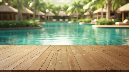 Beautiful resort scene, featuring a pool, wooden deck, and tropical bungalows on a sunny day.