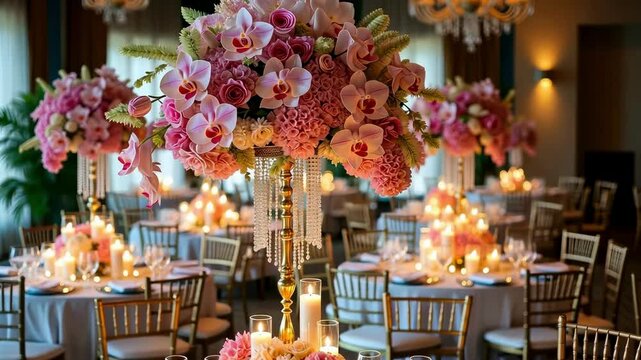Elegant wedding reception featuring tall floral centerpieces, candles, and beautifully set tables for guests.