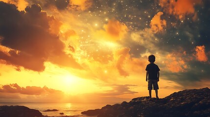 Fototapeta premium Pixelated Boy Silhouetted Against a Sunset Sky with Golden Clouds and Starry Night