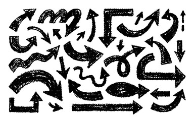 Brush arrow. Hand drawn crayon thick arrows. Black Line vector icon. Pencil, marker, chalk, charcoal, ink or crayon texture scribble. Up down bold shape. Thick rough bg. Doodle grunge kid arrow set