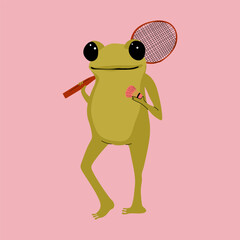 Cute cartoon frog character standing with badminton racket and shuttlecock in hand, playful pose and colorful design