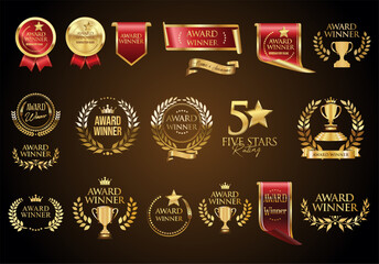Award Winner emblem and label collection of gold laurel wreath stock illustration 