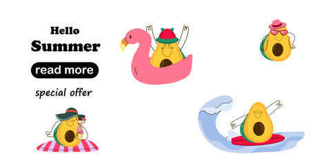 Fototapeta premium Web page design template. Cartoon avocado characters in fun summer poses