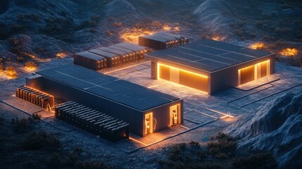 Futuristic data center in remote desert location at night, illuminated with warm lighting.