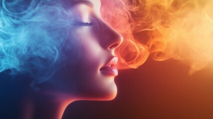 Woman's profile with closed eyes surrounded by colorful orange and blue smoke
