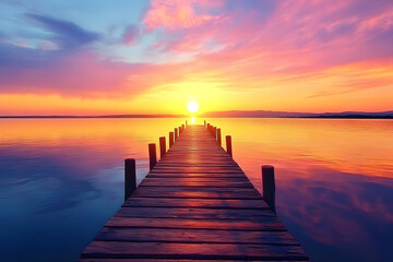 Tranquil Sunrise Over Serene Jetty Reflecting Warm Hues in Calm Water
