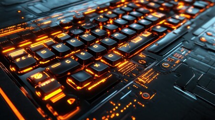 Close-up of a futuristic glowing orange keyboard.