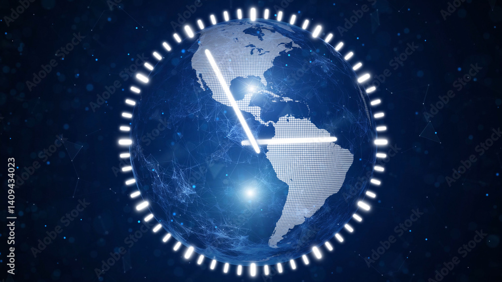 Poster digital earth globe with analog time clock illustration.
