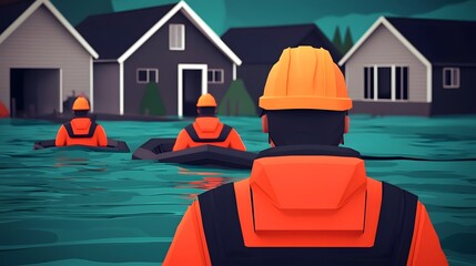 Flood rescue workers in an inundated neighborhood