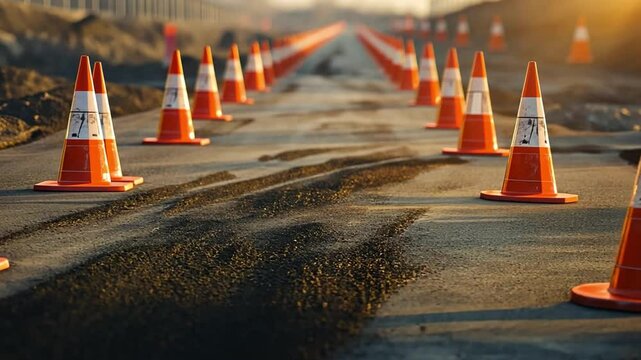 Urban Road Construction Orange Traffic Cones and Safety Measures Under Warm Sunlight on Newly Paved Pathway