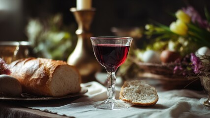 A still life with red wine, bread, eggs, and flowers for a celebratory setting.