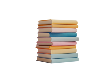 A stack of colorful books neatly arranged showcasing pastel shades against on transparent background