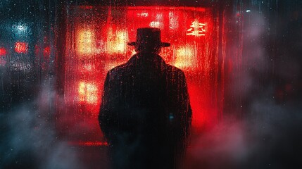 Silhouette of person in hat and coat stands near red neon sign at night.