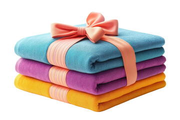 A colorful stack of soft towels a perfect gift tied with a pretty pink on transparent background